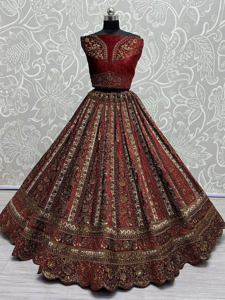 Beautiful Red Dori Work Velvet Bridal Lehenga Choli With Double Dupatta