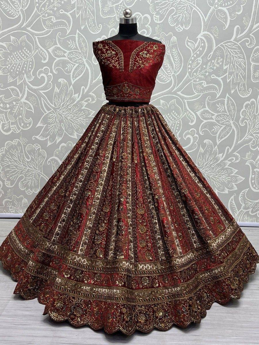 Maroon designer lehenga choli with gold embroidery, perfect for Indian ethnic wear occasions