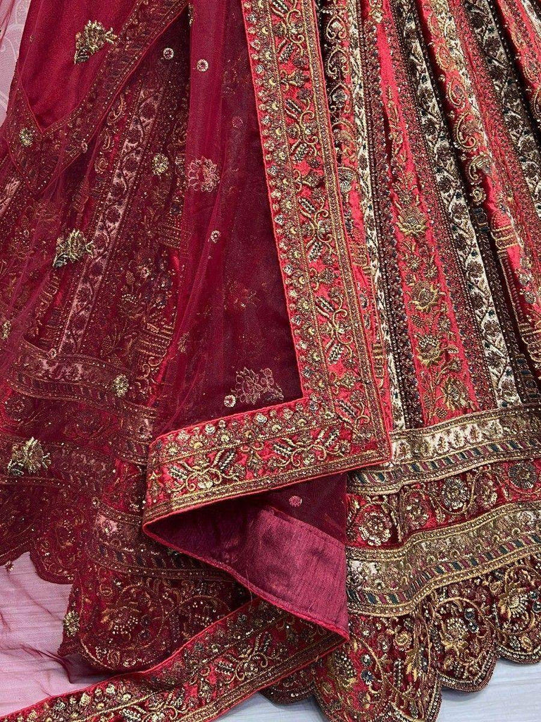 Beautiful Red Dori Work Velvet Bridal Lehenga Choli With Double Dupatta