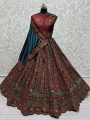 Cute Maroon Thread Work Velvet Lehenga Choli With Double Dupatta