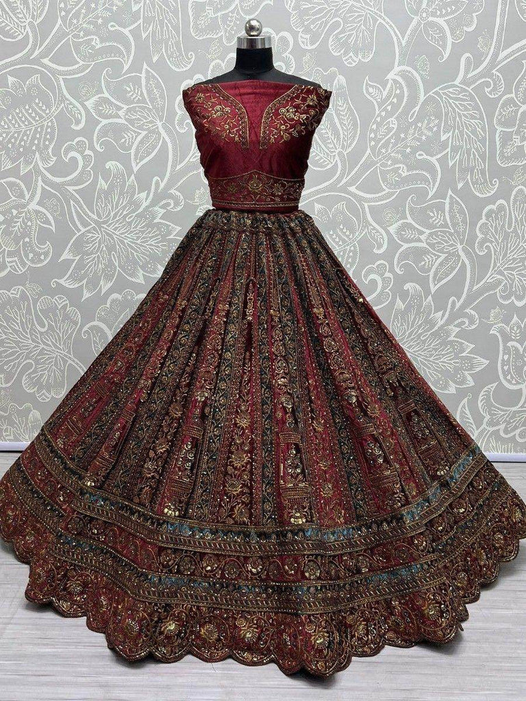 Cute Maroon Thread Work Velvet Lehenga Choli With Double Dupatta