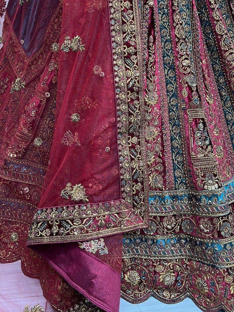 Cute Maroon Thread Work Velvet Lehenga Choli With Double Dupatta