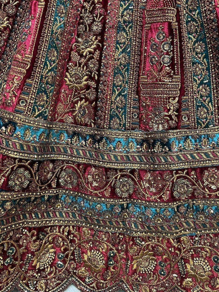 Cute Maroon Thread Work Velvet Lehenga Choli With Double Dupatta