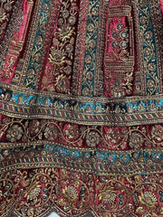 Cute Maroon Thread Work Velvet Lehenga Choli With Double Dupatta
