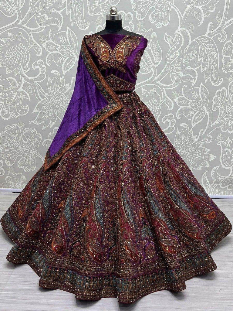Adorable Purple Embroidered Velvet Lehenga Choli With Double Dupatta