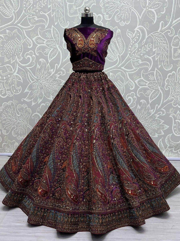 Adorable Purple Embroidered Velvet Lehenga Choli With Double Dupatta
