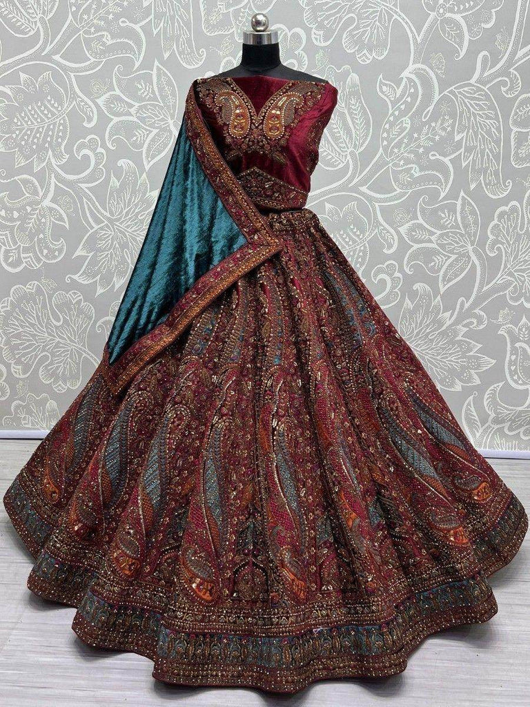 Precious Maroon Embroidered Velvet Lehenga Choli With Double Dupatta
