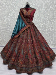 Precious Maroon Embroidered Velvet Lehenga Choli With Double Dupatta