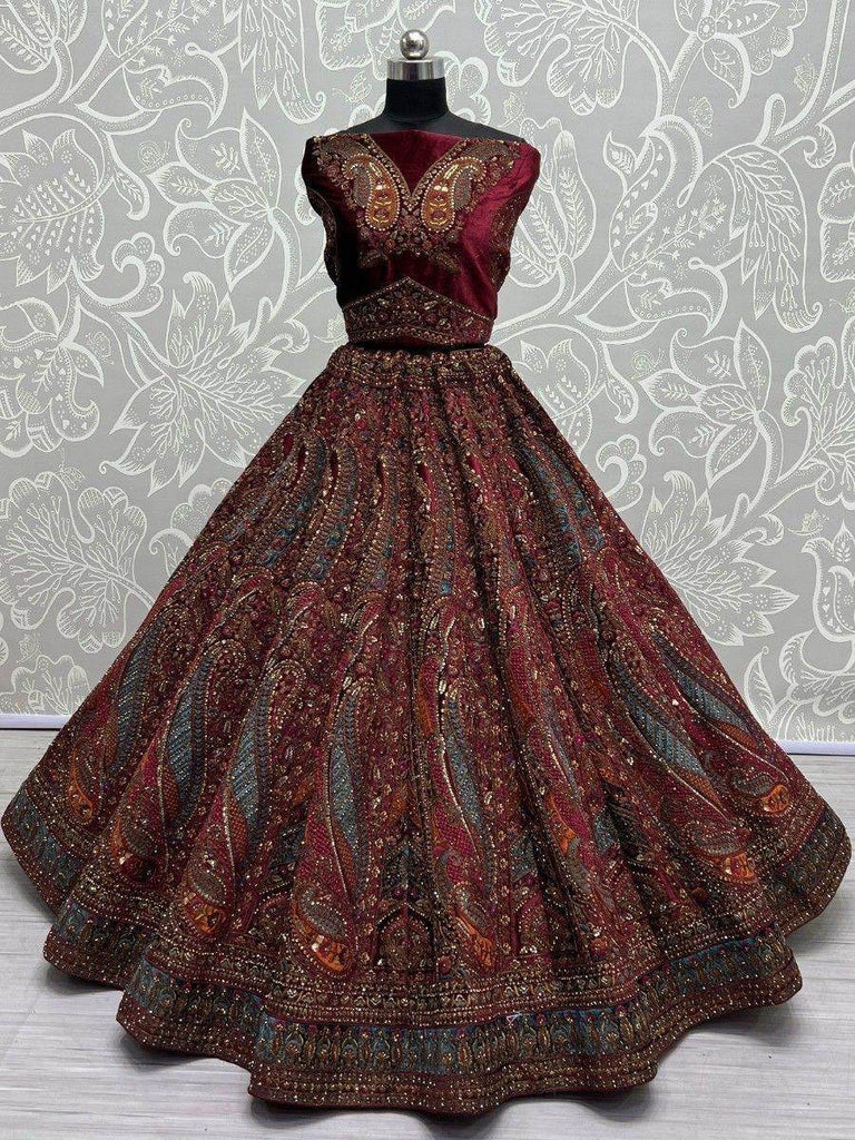 Precious Maroon Embroidered Velvet Lehenga Choli With Double Dupatta