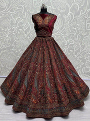 Precious Maroon Embroidered Velvet Lehenga Choli With Double Dupatta