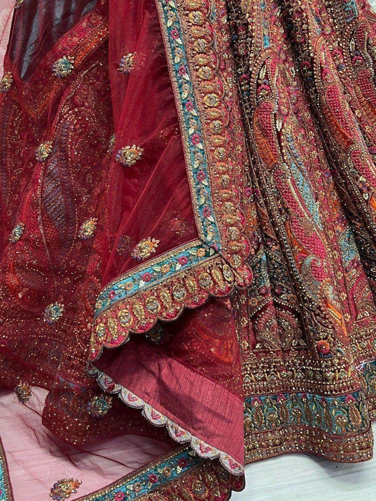 Precious Maroon Embroidered Velvet Lehenga Choli With Double Dupatta