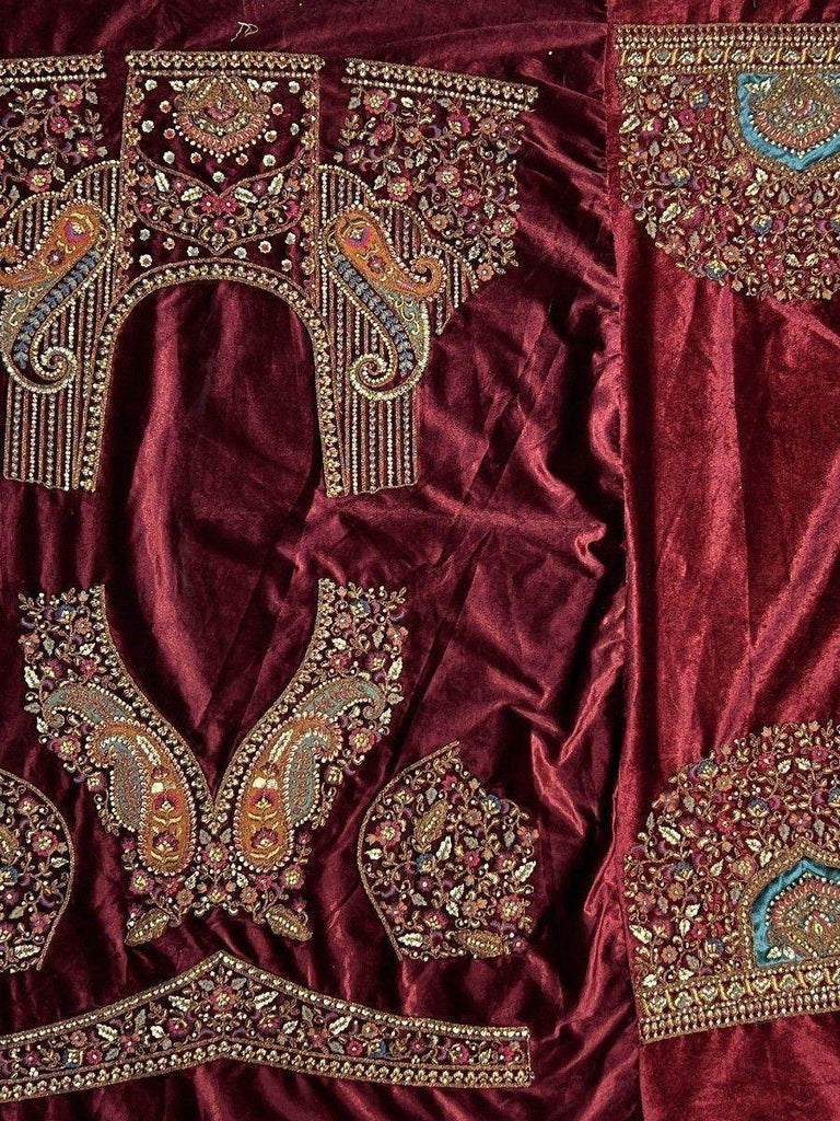 Precious Maroon Embroidered Velvet Lehenga Choli With Double Dupatta