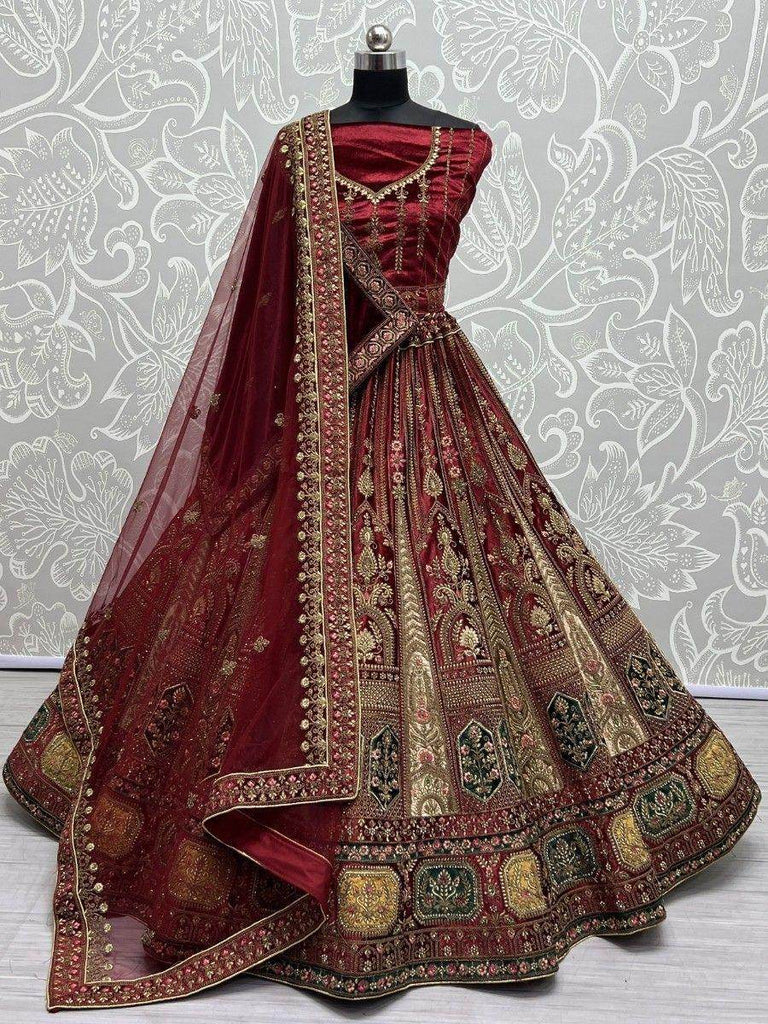 Majestic Maroon Embroidered Velvet Lehenga Choli With Double Dupatta