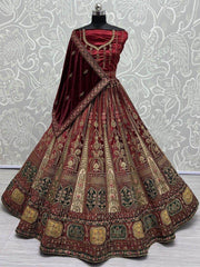 Majestic Maroon Embroidered Velvet Lehenga Choli With Double Dupatta