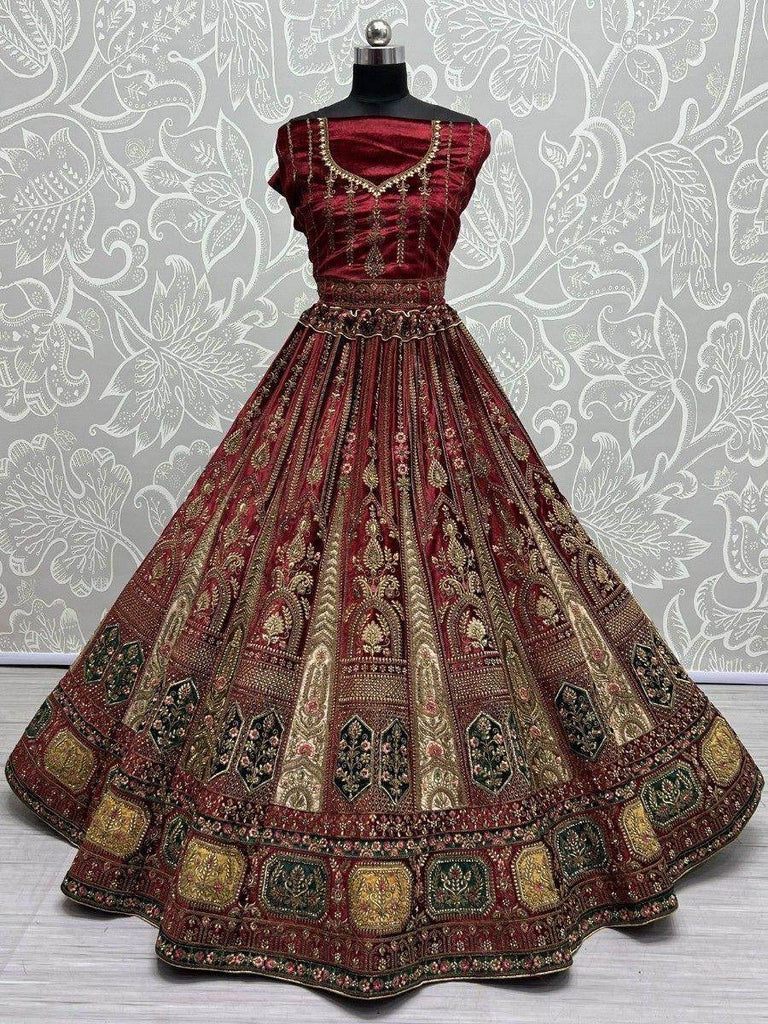 Majestic Maroon Embroidered Velvet Lehenga Choli With Double Dupatta