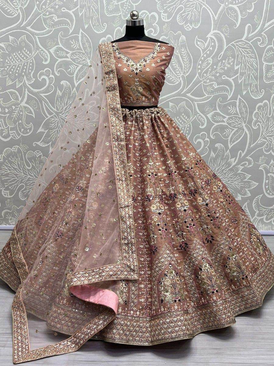 Astonishing Light Brown Multi-Thread Work Silk Wedding Lehenga Choli