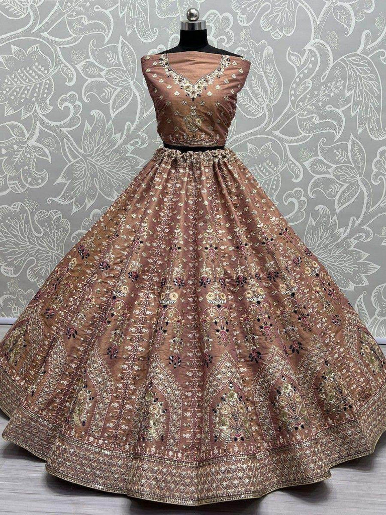 Astonishing Light Brown Multi-Thread Work Silk Wedding Lehenga Choli