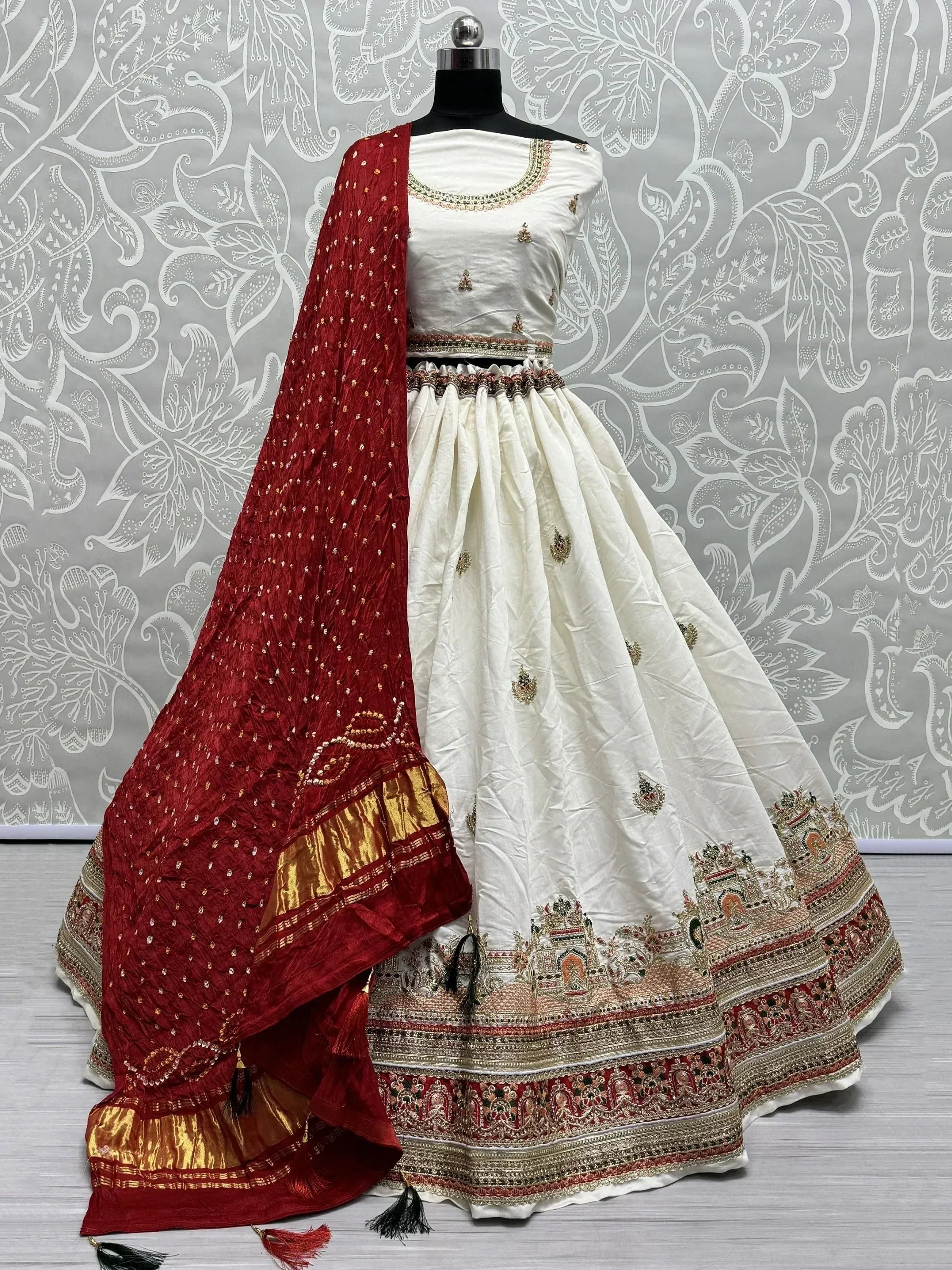 White embroidered lehenga choli with red dupatta, Indian ethnic wear for weddings and festivals