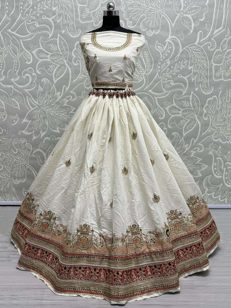 Spectacular White Thread-Work Silk Wedding Lehenga Choli With Dupatta