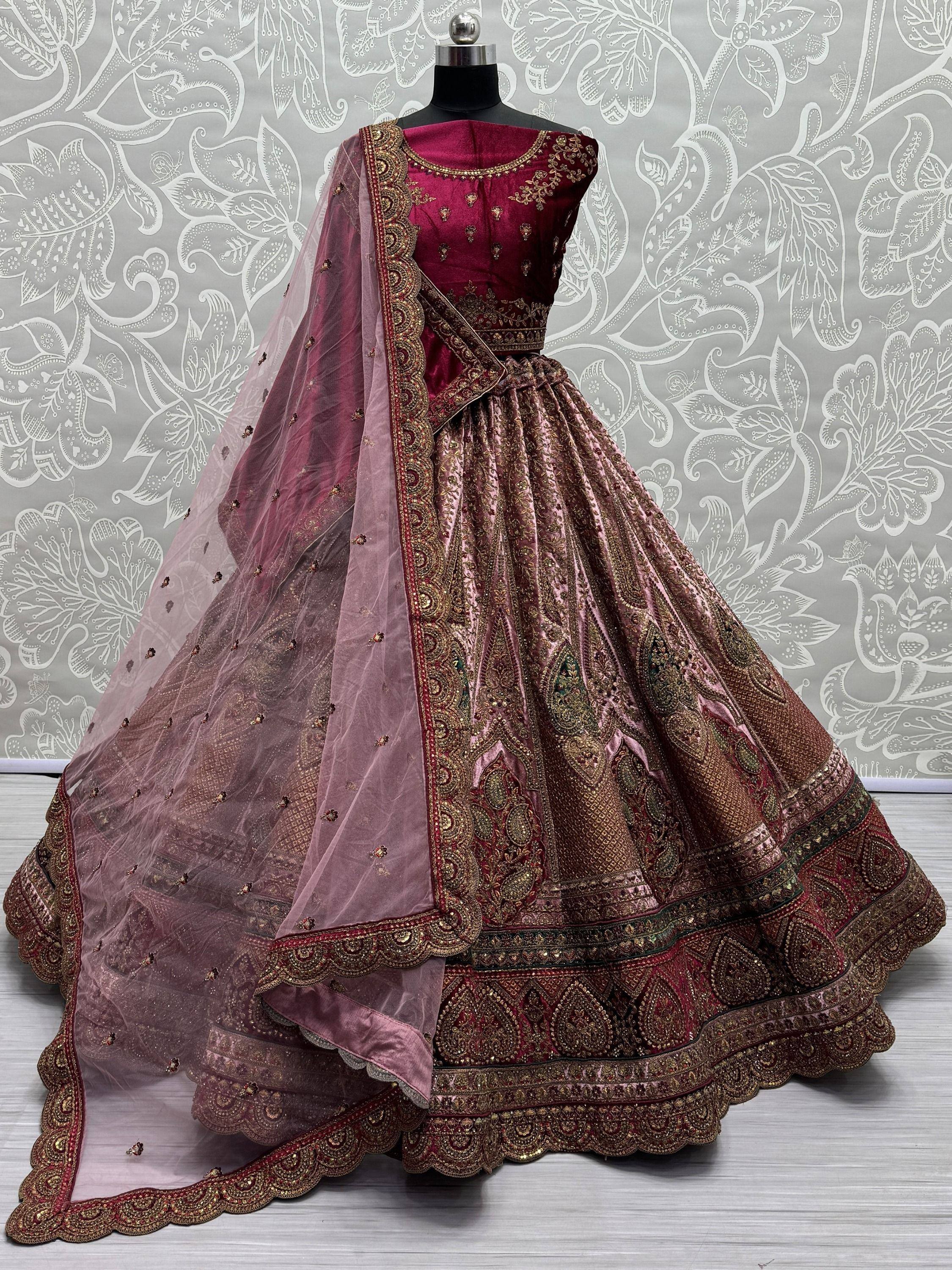 Burgundy velvet designer lehenga choli with gold embroidery and sheer dupatta, Indian ethnic wear