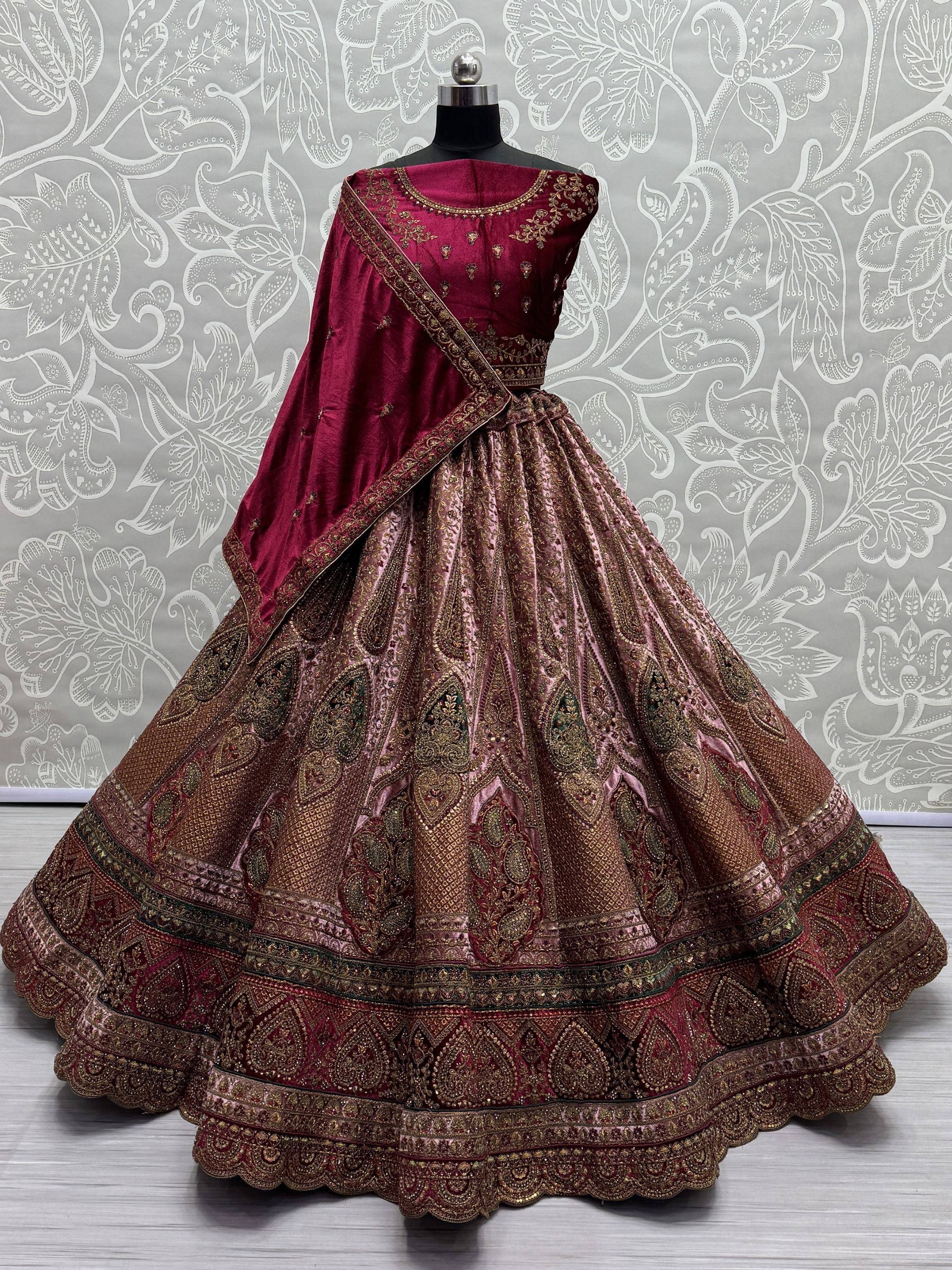 Maroon velvet lehenga choli with gold embroidery, designer Indian ethnic wear for weddings