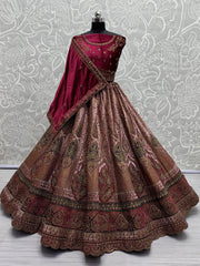 Alluring Pink Embroidered Velvet Lehenga Choli With Double Dupatta