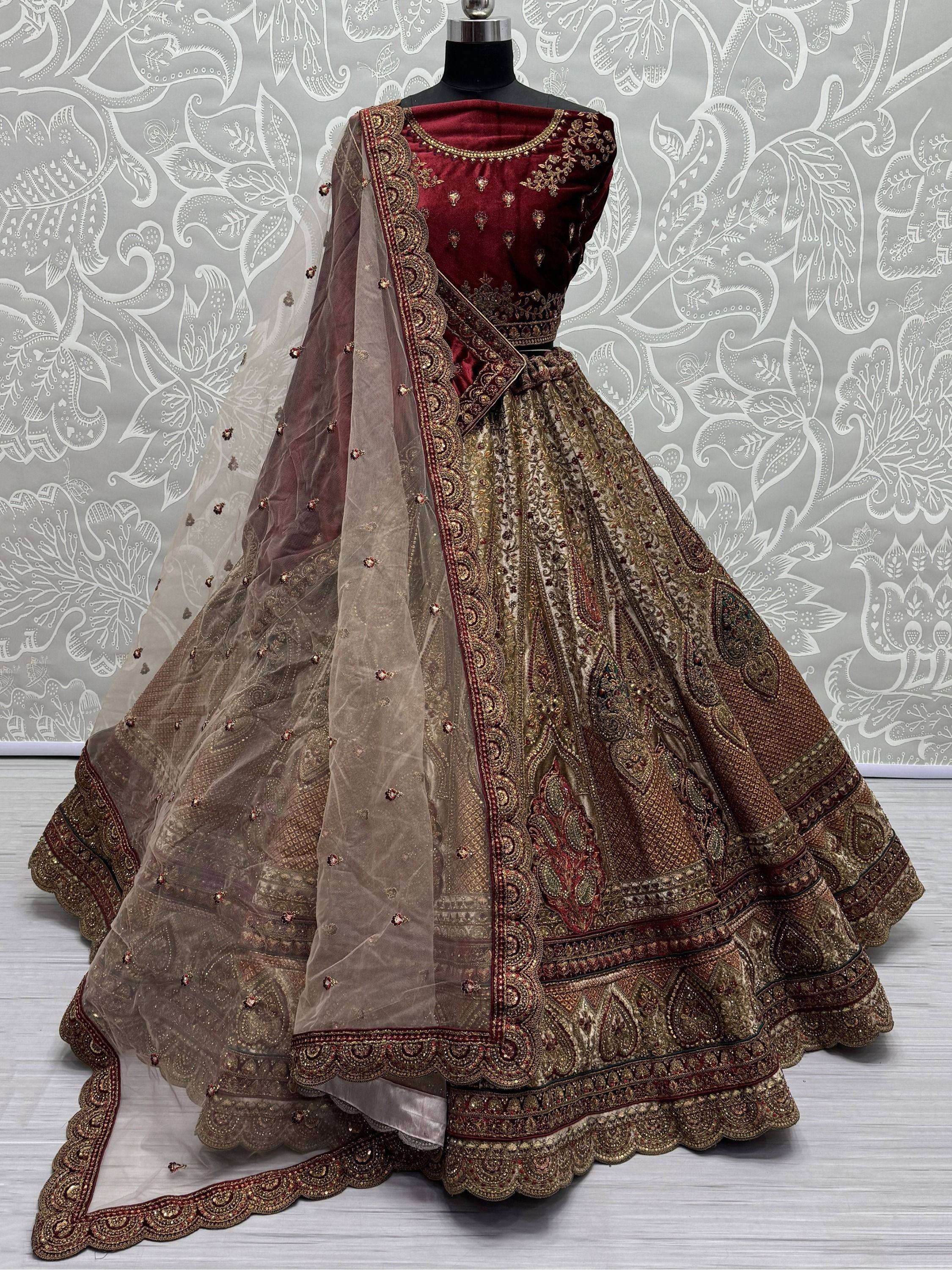 Maroon velvet designer lehenga choli with gold embroidery and sheer dupatta, Indian ethnic wear