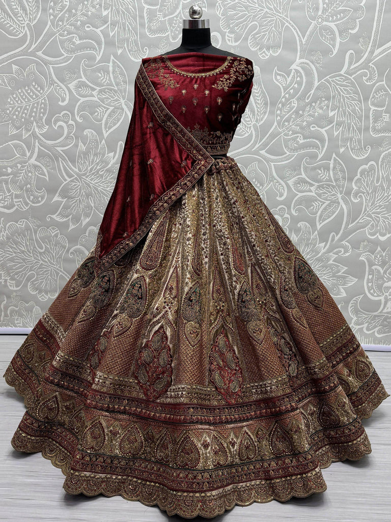 Pretty Maroon Dori Work Velvet Bridal Lehenga Choli With Double Dupatta