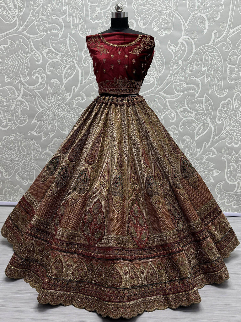 Pretty Maroon Dori Work Velvet Bridal Lehenga Choli With Double Dupatta