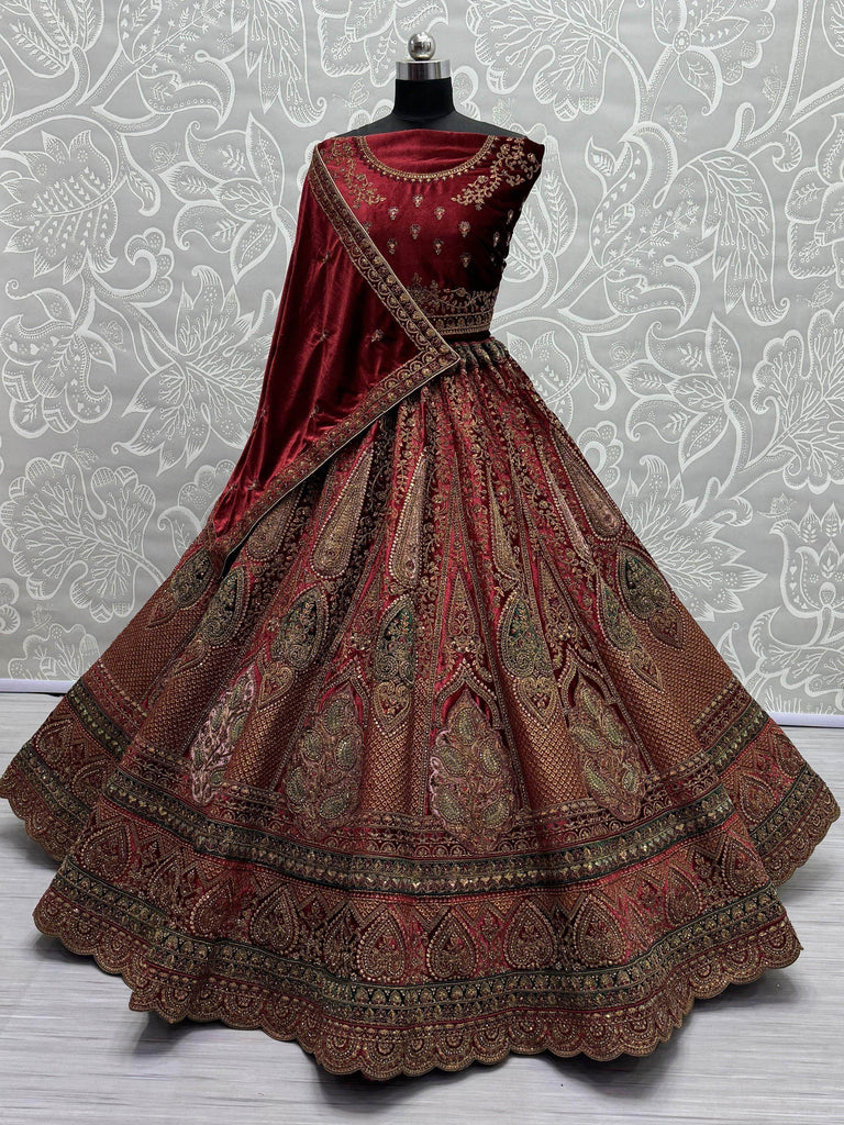 Great Maroon Dori Work Velvet Bridal Lehenga Choli With Double Dupatta