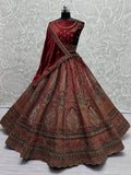Great Maroon Dori Work Velvet Bridal Lehenga Choli With Double Dupatta