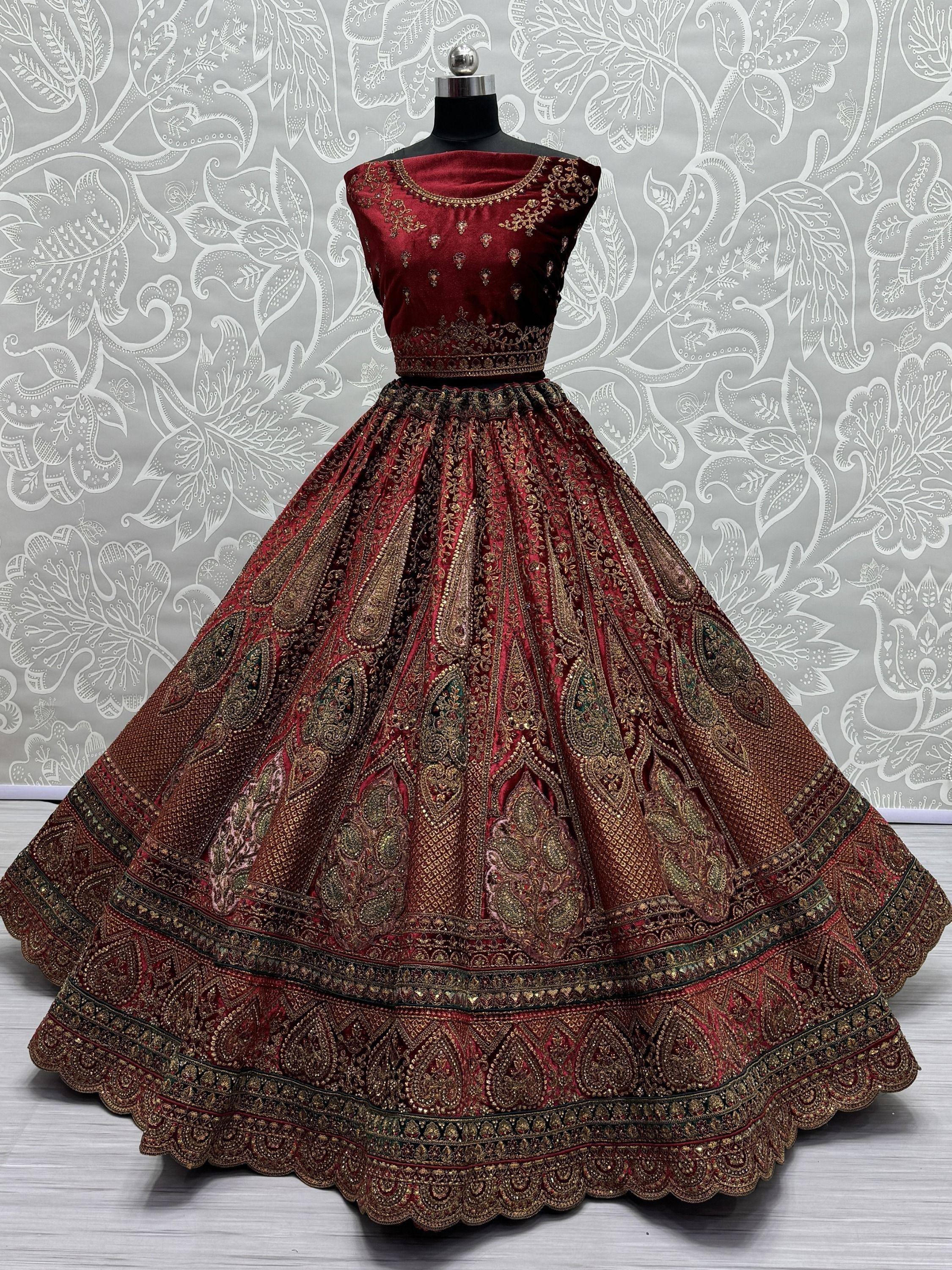 Maroon velvet lehenga choli with gold embroidery, Indian ethnic wear for weddings and festivals