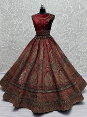 Great Maroon Dori Work Velvet Bridal Lehenga Choli With Double Dupatta