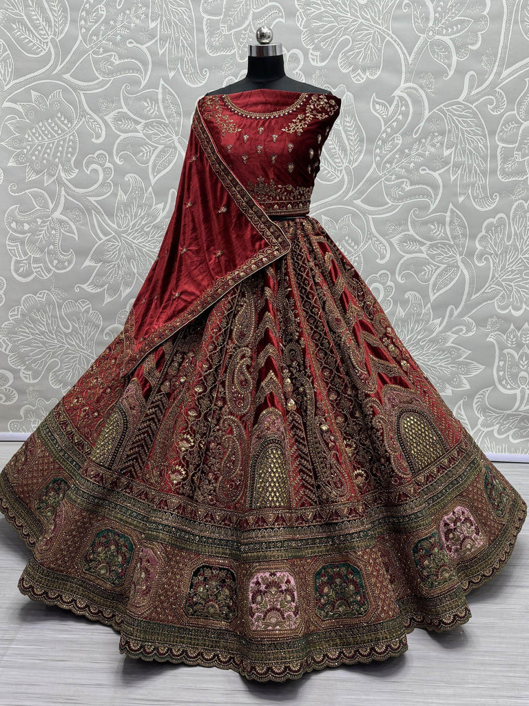 Elegant Maroon Embroidered Velvet Lehenga Choli With Double Dupatta