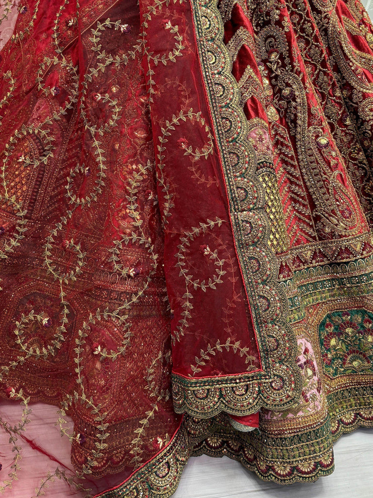 Elegant Maroon Embroidered Velvet Lehenga Choli With Double Dupatta
