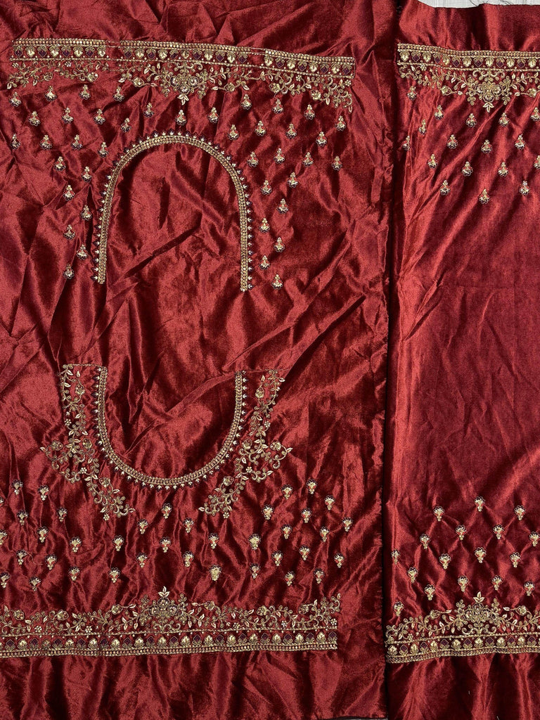 Elegant Maroon Embroidered Velvet Lehenga Choli With Double Dupatta