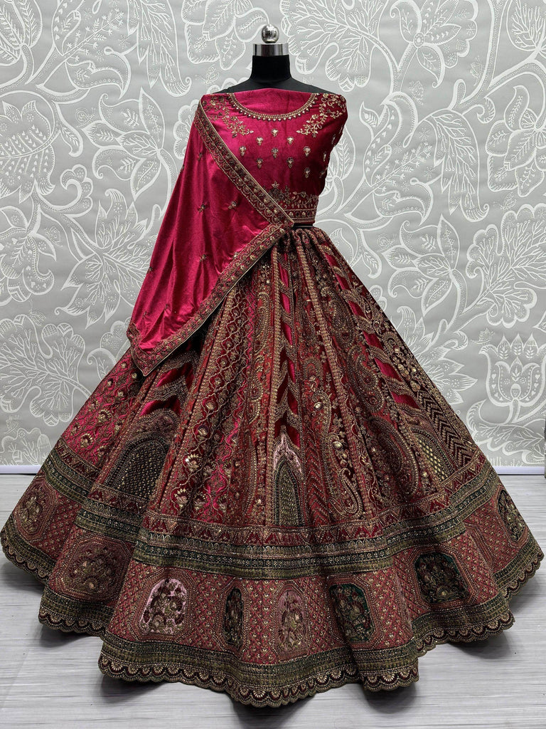 Lovely Rani Pink Embroidered Velvet Lehenga Choli With Double Dupatta