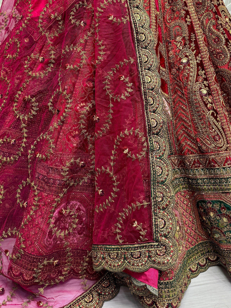 Lovely Rani Pink Embroidered Velvet Lehenga Choli With Double Dupatta