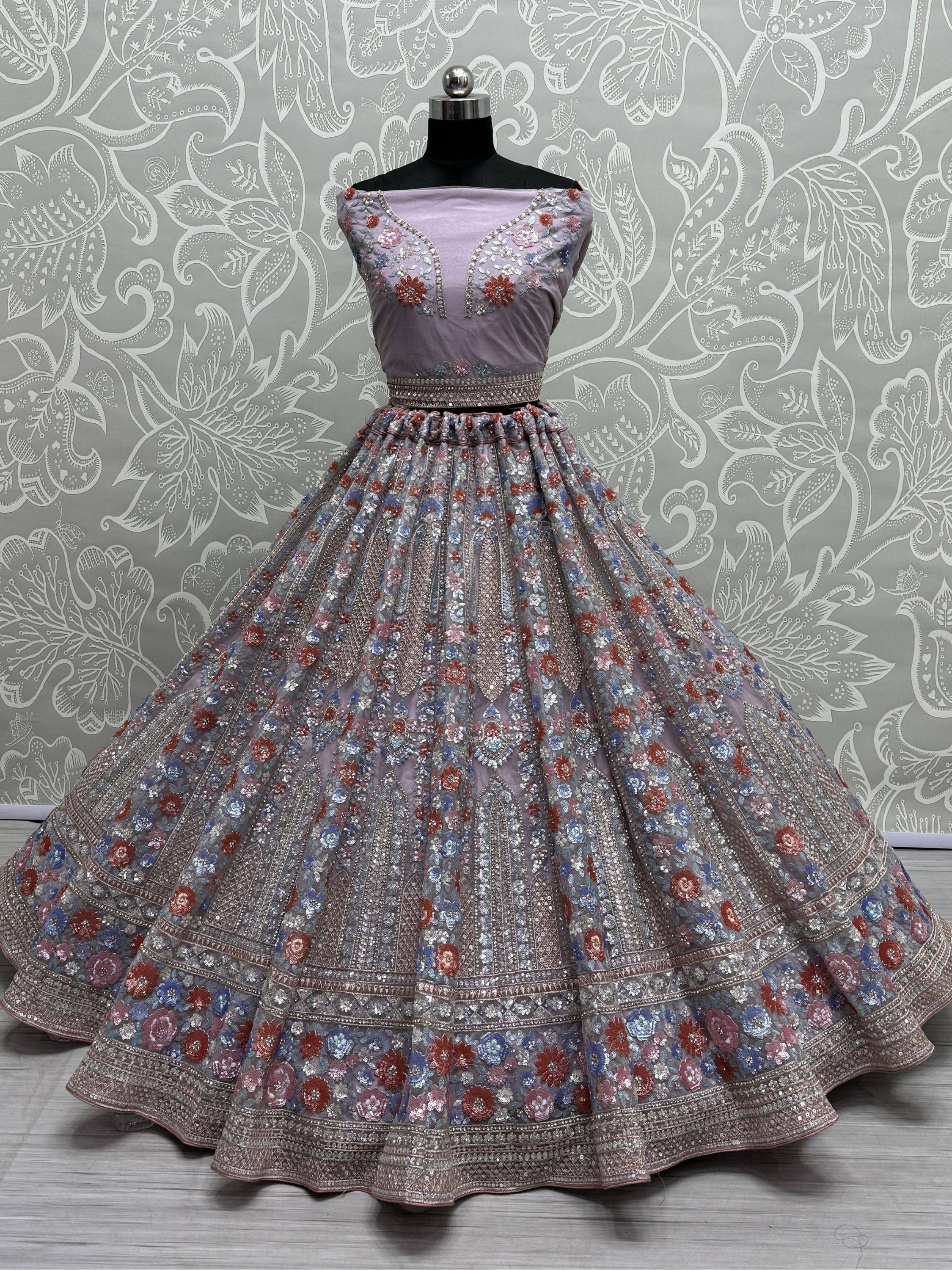Lavender designer lehenga choli with floral embroidery and sequin work, perfect for Indian ethnic occasions