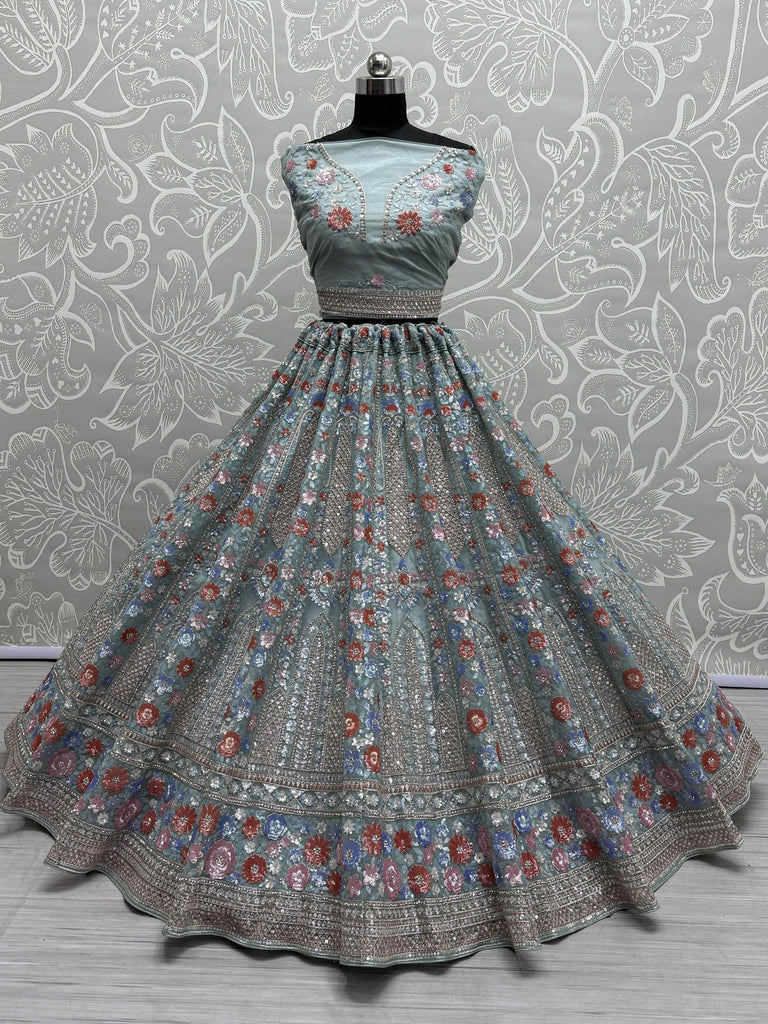 Wonderful Sky-Blue Sequins Net Engagement Wear Lehenga Choli