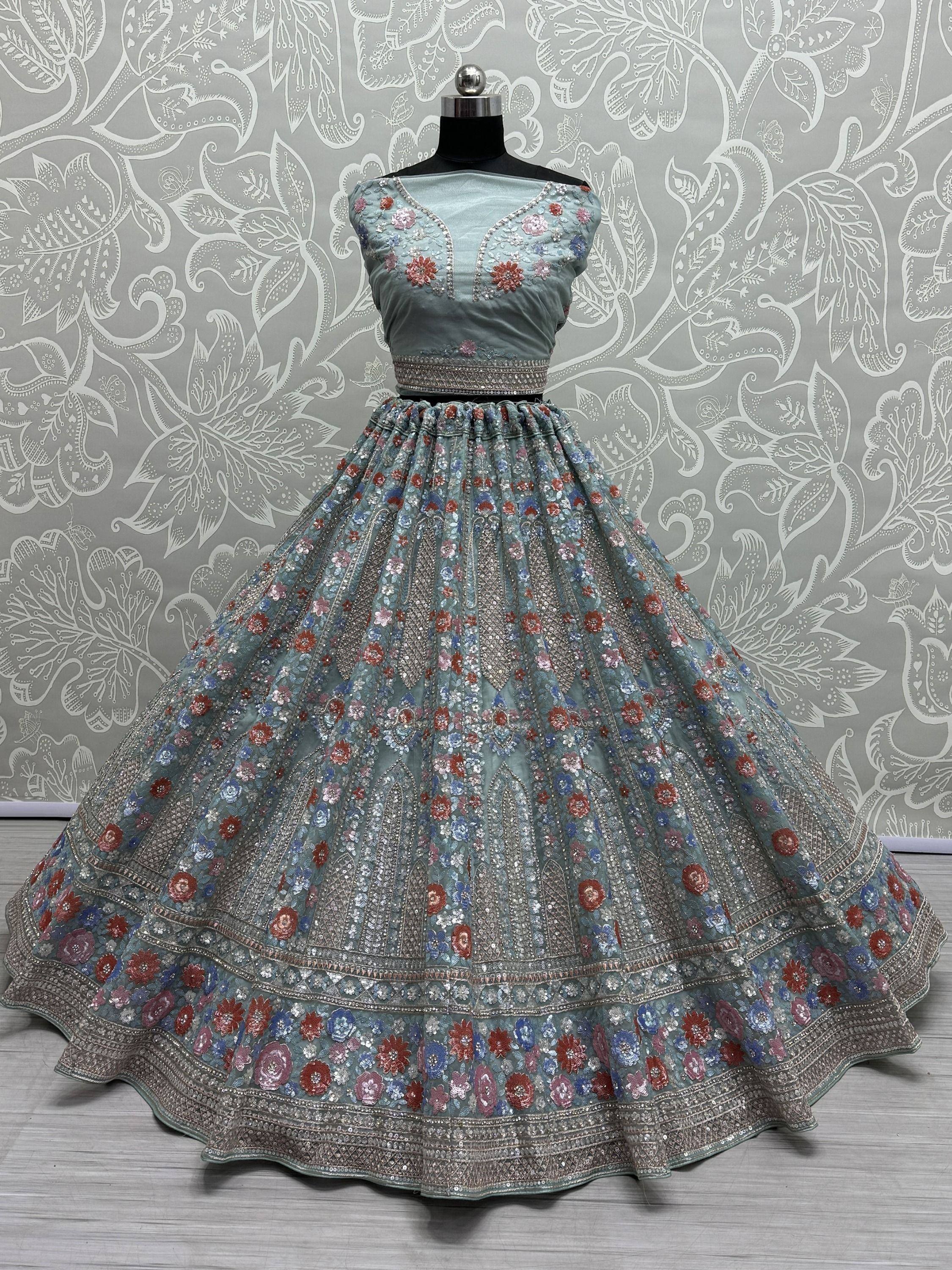 Designer lehenga choli with floral embroidery, perfect for Indian ethnic wear and festive occasions.