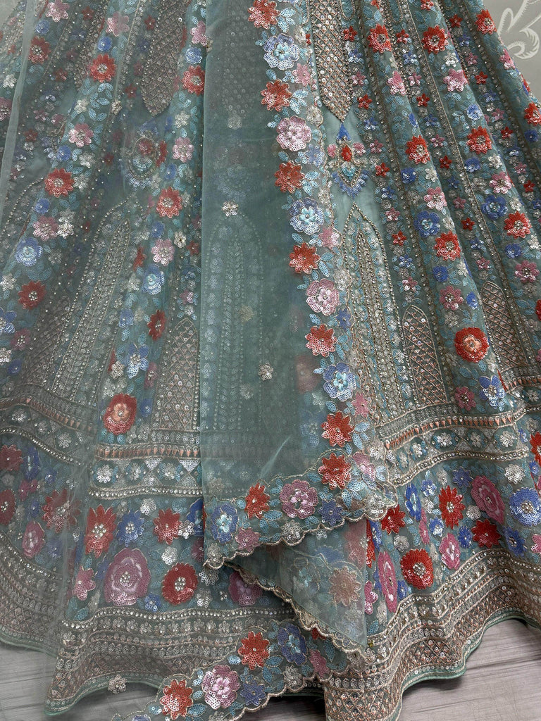 Wonderful Sky-Blue Sequins Net Engagement Wear Lehenga Choli
