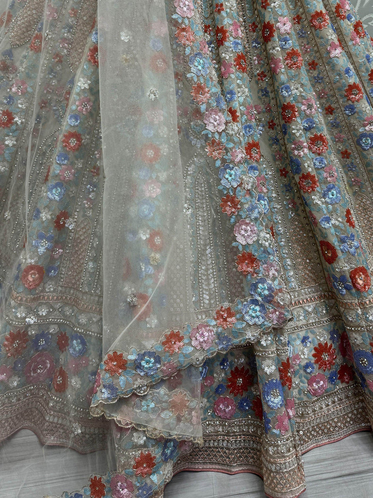 Excellent Grey Sequins Net Reception Wear Lehenga Choli With Dupatta