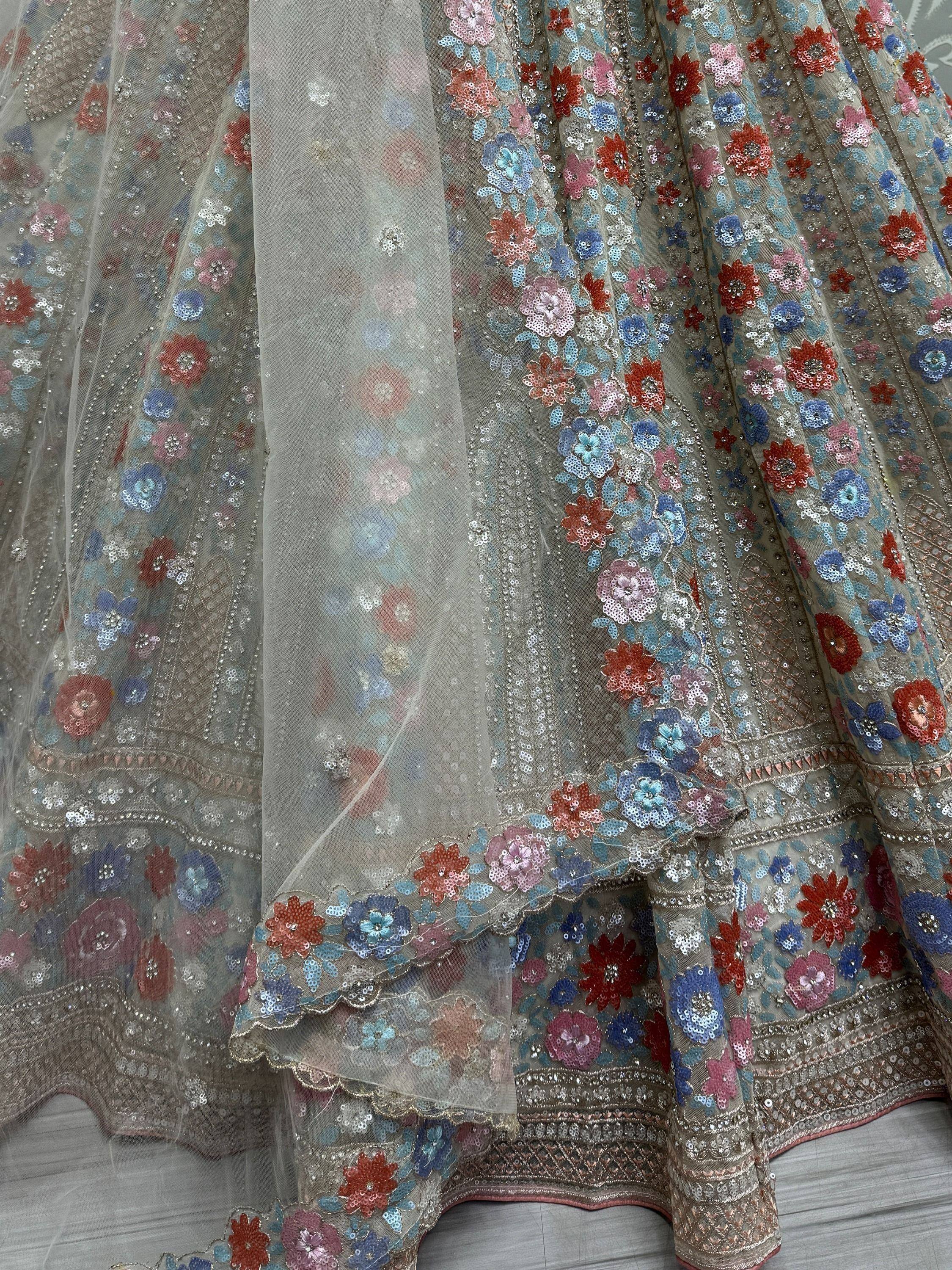 Floral sequin embroidered lehenga skirt with sheer overlay, perfect for Indian ethnic wear