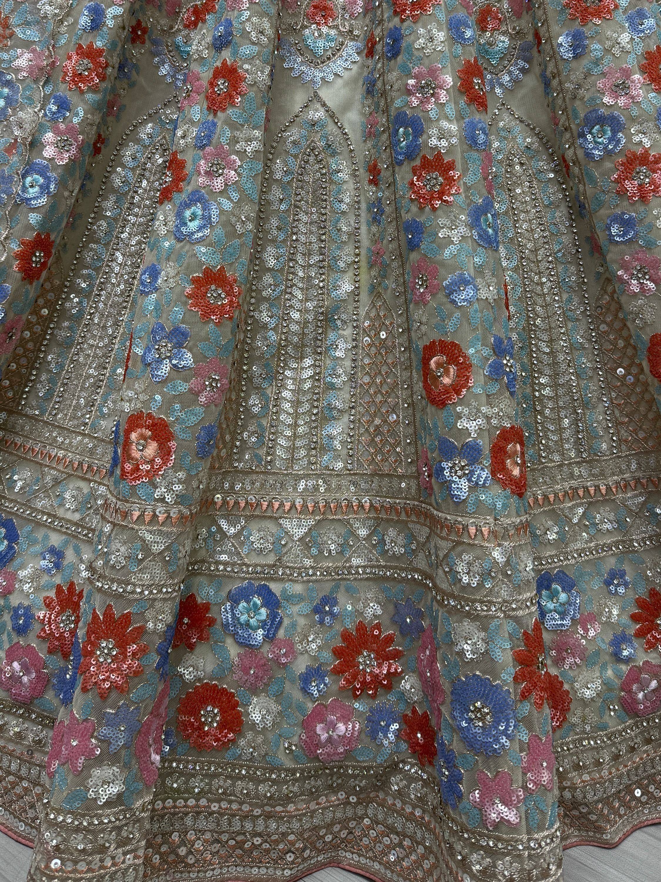 Floral sequin embroidered Indian ethnic gown with multicolor flower motifs and shimmering details