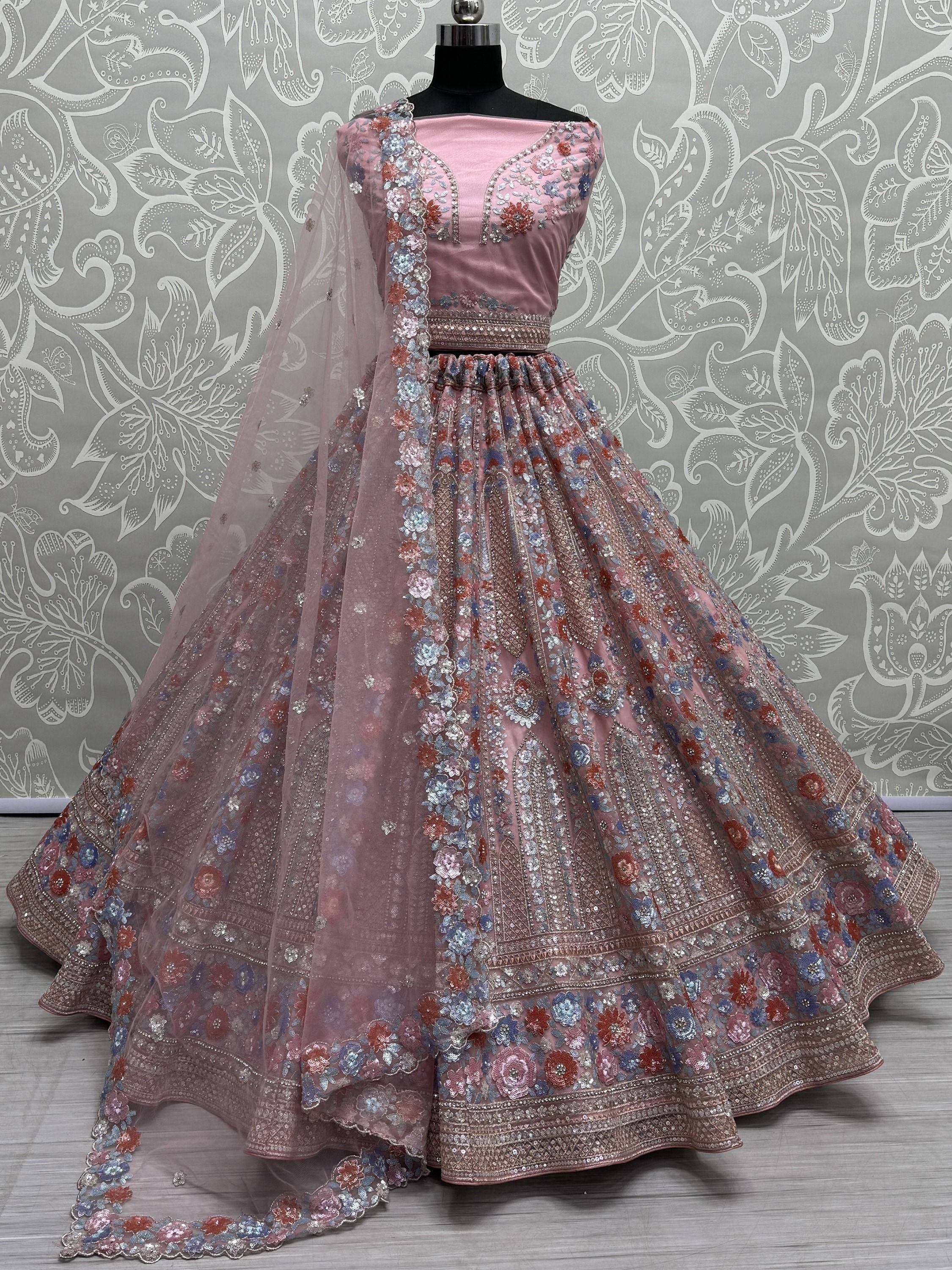 Pink designer lehenga choli with floral embroidery and sequins, perfect for Indian ethnic wear events