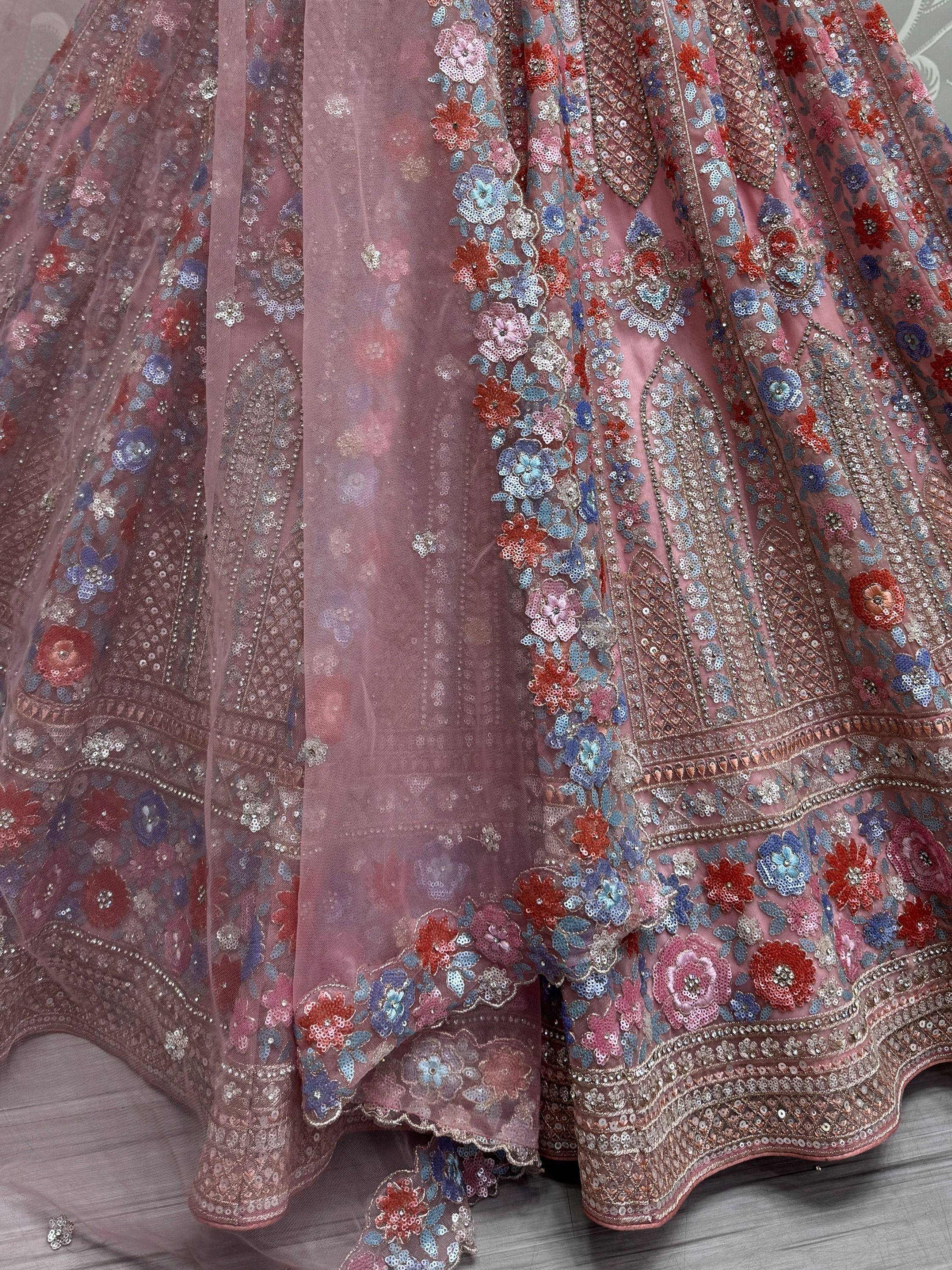 Pink floral sequin lehenga choli with sheer dupatta, Indian ethnic wear