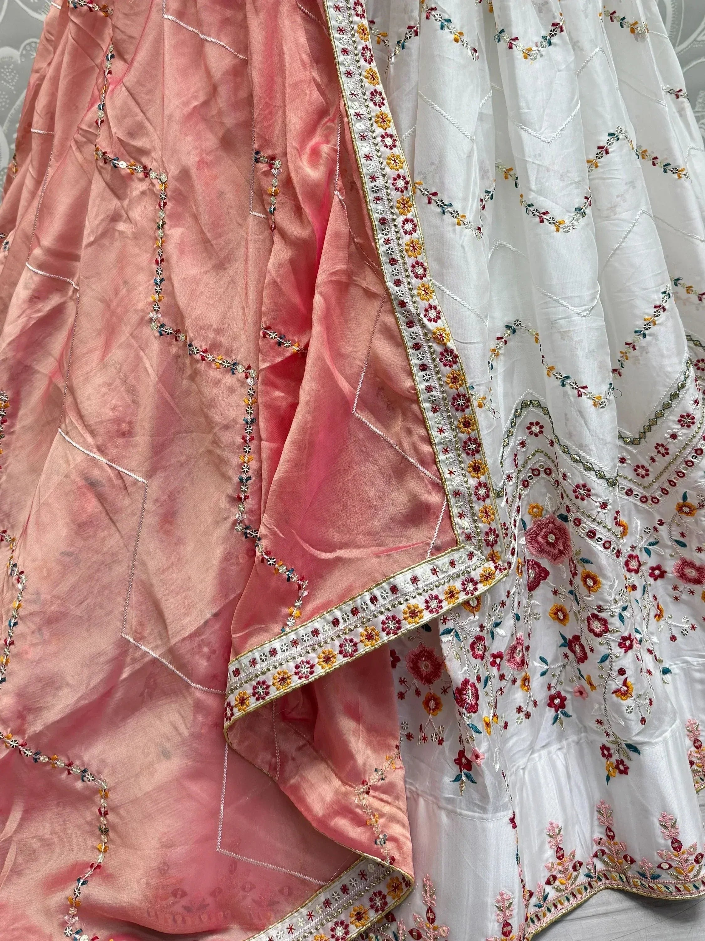 White and pink embroidered lehenga choli with floral mirror work and dupatta, Indian ethnic wear