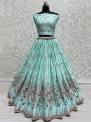 Bewitching Sky-Blue Thread-Work Silk Wedding Wear Lehenga Choli