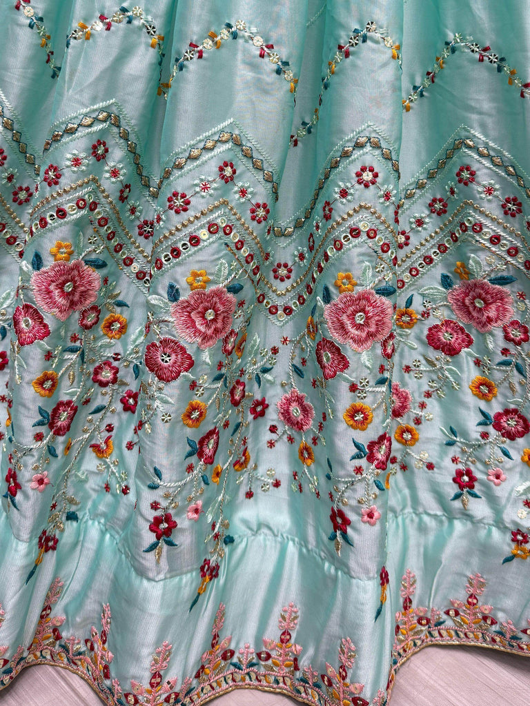 Bewitching Sky-Blue Thread-Work Silk Wedding Wear Lehenga Choli